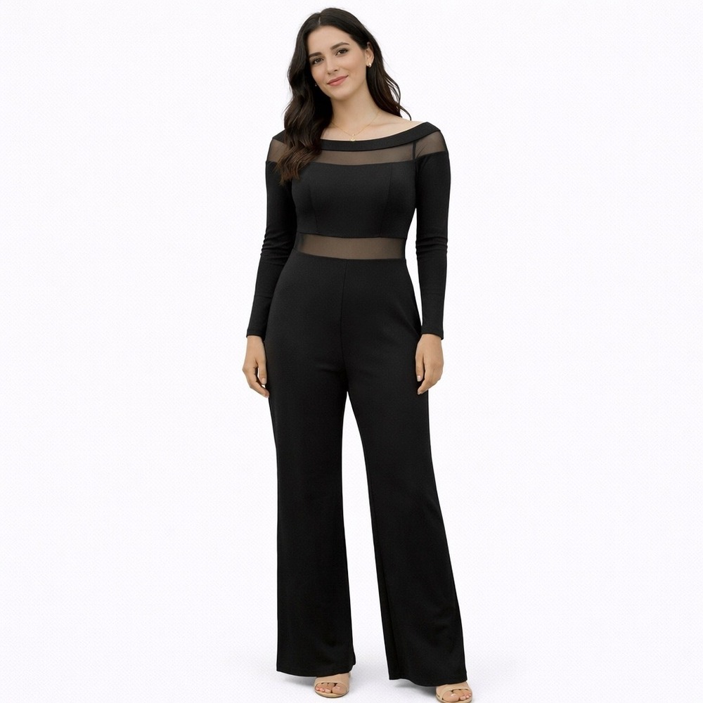 Love By Design Black Off Shoulder Mesh Panel Bodycon Long Sleeve Jumpsuit Size S